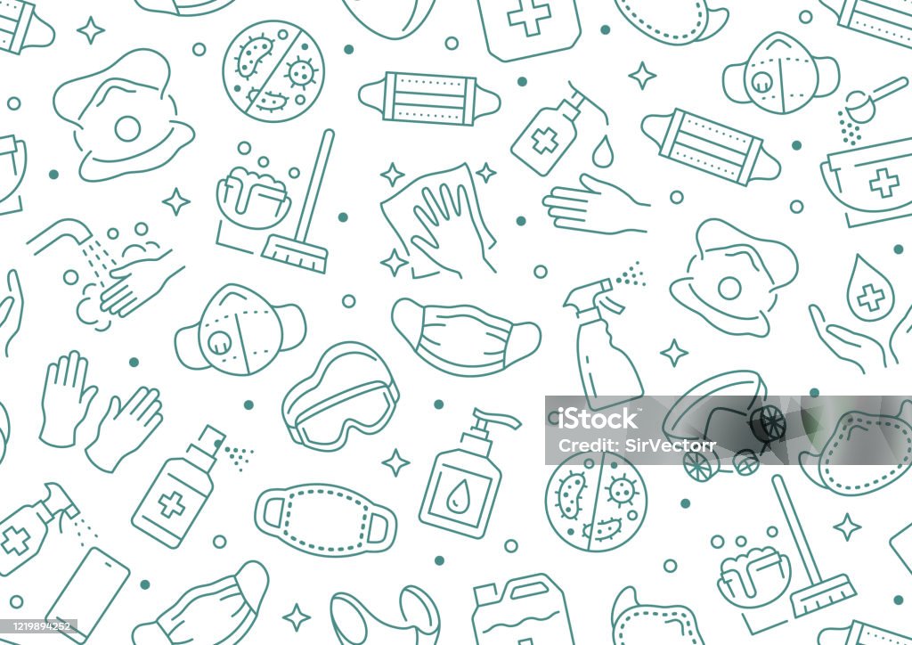 Disinfection seamless pattern. Vector background included line icons as aerosol, sanitizer, wet cleaning, protection mask pictogram for antibacterial housekeeping Disinfection seamless pattern. Vector background included line icons as aerosol, sanitizer, wet cleaning, protection mask pictogram for antibacterial housekeeping. Coronavirus stock vector