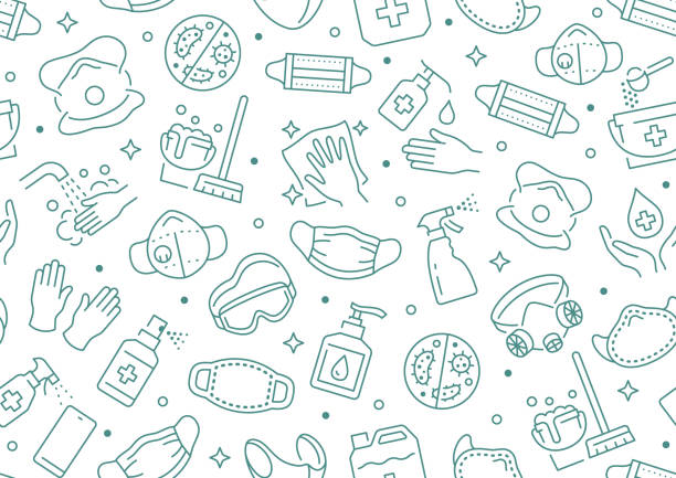 Disinfection seamless pattern. Vector background included line icons as aerosol, sanitizer, wet cleaning, protection mask pictogram for antibacterial housekeeping Disinfection seamless pattern. Vector background included line icons as aerosol, sanitizer, wet cleaning, protection mask pictogram for antibacterial housekeeping. medicine backgrounds stock illustrations