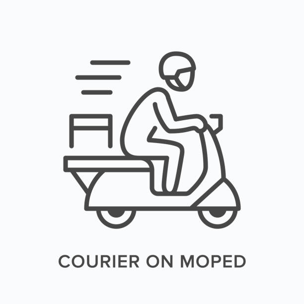 illustrations, cliparts, dessins animés et icônes de courier sur l’icône de la ligne de cyclomoteur. illustration de contour de vecteur de la livraison expresse. scooter pizza guy pictorgam - moped