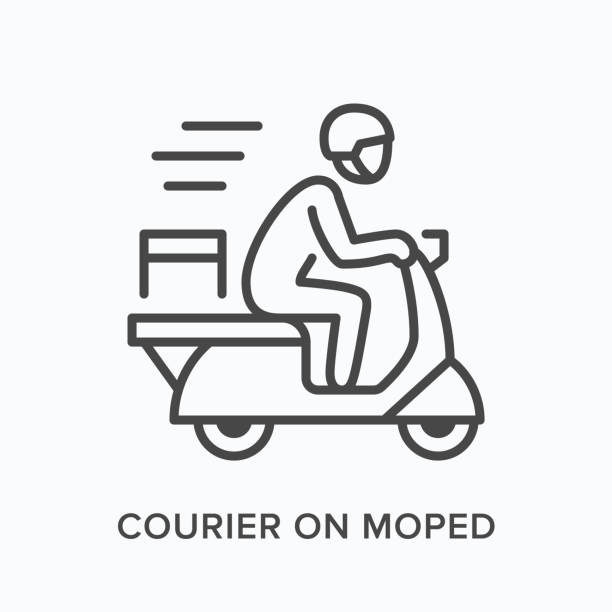 Courier on moped line icon. Vector outline illustration of express delivery. Scooter pizza guy pictorgam Courier on moped line icon. Vector outline illustration of express delivery. Scooter pizza guy pictorgam. moped stock illustrations