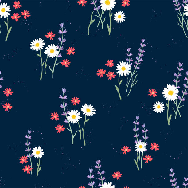 ilustrações de stock, clip art, desenhos animados e ícones de cute hand drawn floral seamless pattern, lovely flower meadow background, great for spring or summer textiles, banners, wallpaper, wrapping - vector design - ornamental garden europe flower bed old fashioned