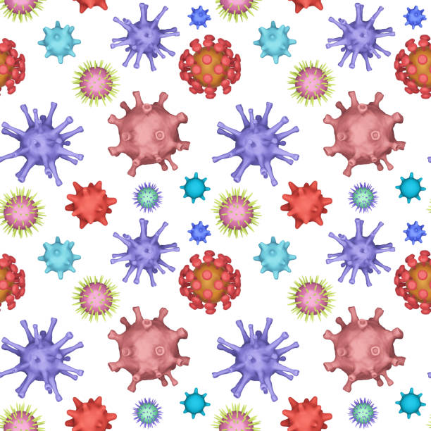 istock Seamless patern of Different kinds of pathogen viruses, coronavirus, herpes. Biology organisms backdrop in collage style. Many varios viruses on a white background. Background for presentation 1219896224