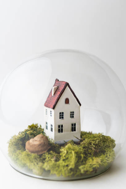 Conceptual image of staying at home safe during Corona virus quarantine. Small house under glass with moss and grass stock photo
