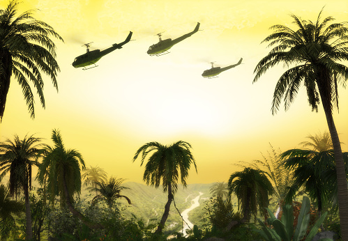 Guerra de Vietnam - Formación de helicópteros sobre la selva photo