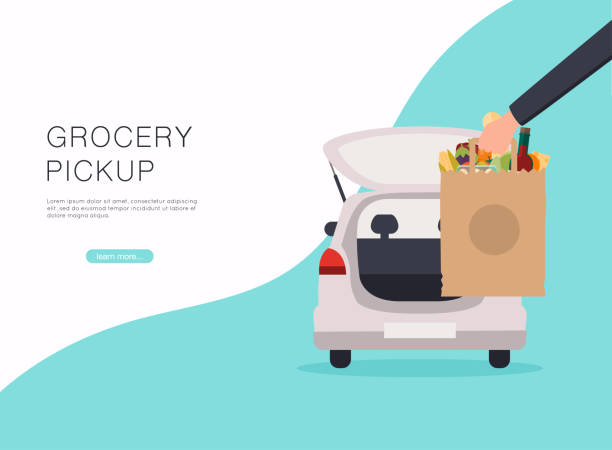закажите продукты онлайн. возьмите точку в продовольственном супермаркете. безопасные покупки. - grocery shopping stock illustrations