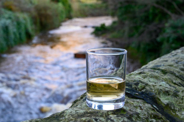 schotse single malts of gemengde whiskysterke drank in glazen met water van rivier spey op achtergrond, schotland - spey scotland stockfoto's en -beelden