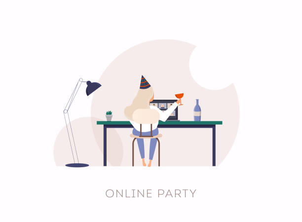 Woman on a virtual happy hour meeting birthday party with her friend in video conference. Woman on a virtual happy hour meeting birthday party with her friend in video conference. day drinking stock illustrations