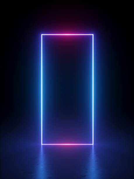 istock 3d render, abstract minimal geometric background. Glowing neon lines. Stage illumination with floor reflection. Blank vertical rectangular frame with copy space 1219900408