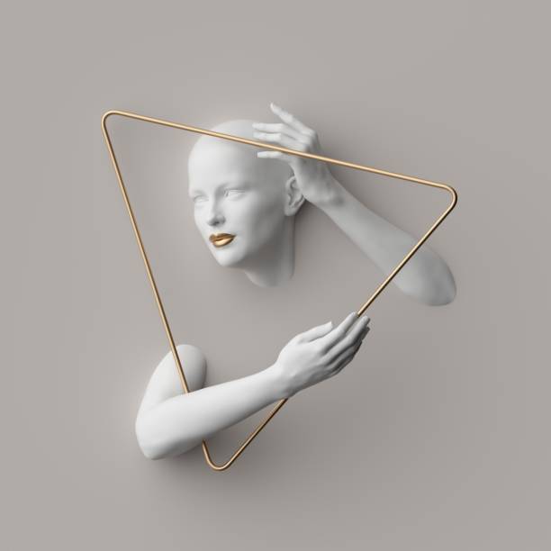 istock 3d render, female mannequin body parts inside golden triangular frame, isolated on white background. Bold head, beautiful face, hands. Jewelry shop showcase. Fashion concept. Modern minimal portrait 1219900430