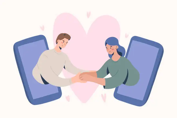 Vector illustration of Online date, romantic couple video chat via smartphone application, concept of virtual relationship on quarantine and self-isolation. vector illustration with boyfriend and girlfriend characters