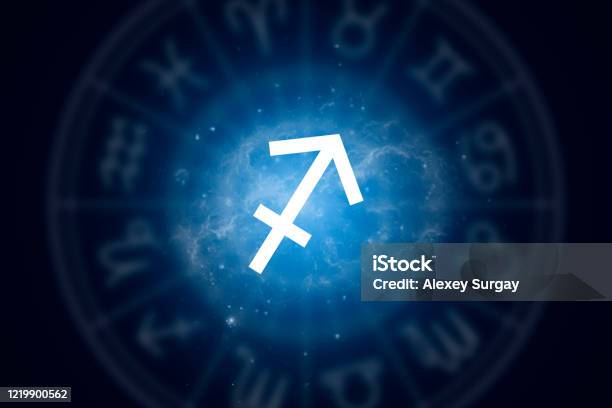 Sagittarius Zodiac Sign On A Background Of The Starry Sky Illustration For Horoscope Stock Photo - Download Image Now