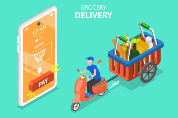 Vector illustration of 3D Isometric Flat Vector Concept of Grocery Delivery.