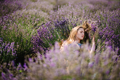 Beautiful girl in dress lying down on purple the lavender field. Beautiful woman in the lavender field on sunset in France. Soft focus. Enjoy on the floral glade, summer nature. Close up.