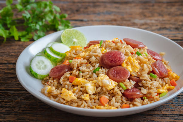 Fried rice with chinese sausage on plate
