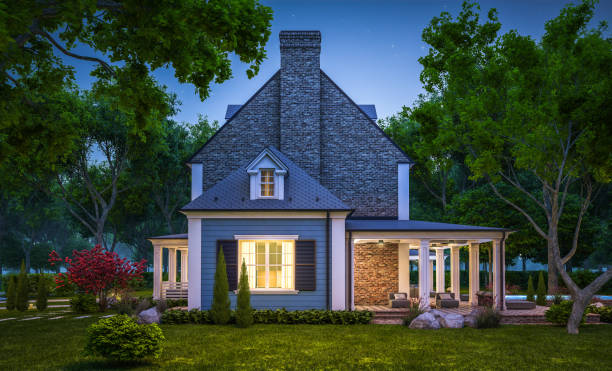 istock 3d rendering of modern classic house in colonial style in night 1219904208