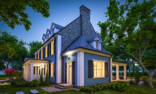 istock 3d rendering of modern classic house in colonial style in night 1219904247