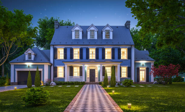 istock 3d rendering of modern classic house in colonial style in night 1219904268