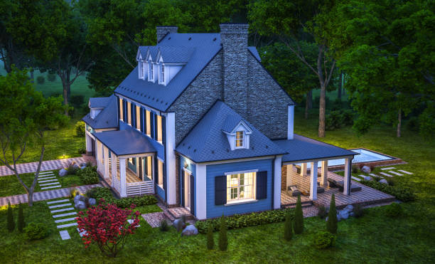 istock 3d rendering of modern classic house in colonial style in night 1219904314
