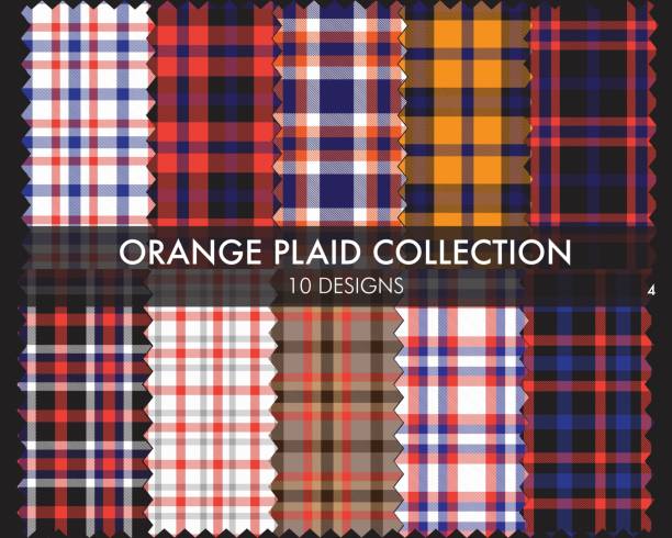 illustrazioni stock, clip art, cartoni animati e icone di tendenza di orange plaid tartan seamless pattern collection - spring decoration orange series