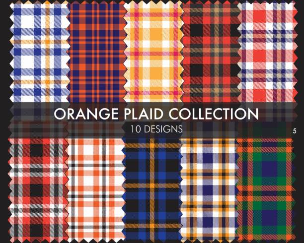 illustrazioni stock, clip art, cartoni animati e icone di tendenza di orange plaid tartan seamless pattern collection - spring decoration orange series