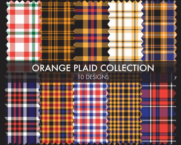 illustrazioni stock, clip art, cartoni animati e icone di tendenza di orange plaid tartan seamless pattern collection - spring decoration orange series