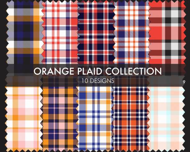 illustrazioni stock, clip art, cartoni animati e icone di tendenza di orange plaid tartan seamless pattern collection - spring decoration orange series