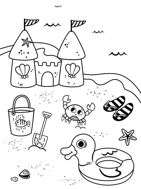 ilustraciones, imágenes clip art, dibujos animados e iconos de stock de página para colorear para niños en el tema de la playa. ilustración vectorial. - indoors nobody color image illustration and painting