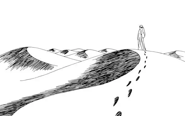 Vector illustration of Human walking in the desert graphic black white landscape sketch illustration vector