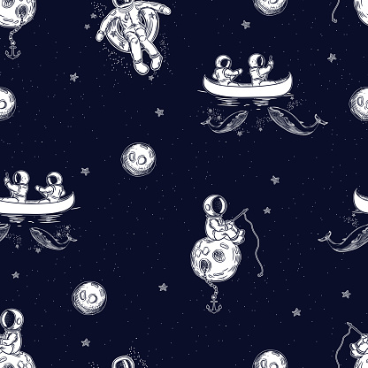 Seamless pattern. Space background. Astronauts swim in a canoe. The spacer is floating on a rubber ring. Astronaut is fishing.