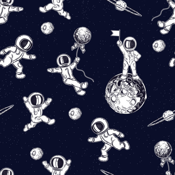 Seamless pattern. Space background. Astronauts play soccer. Seamless pattern. Space background. Astronauts play soccer. Spaceman with flag. Astronaut flies on a ball. airless stock illustrations