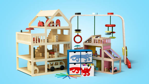 istock wooden toys for children 3d render on a blue gradient background 1219912830