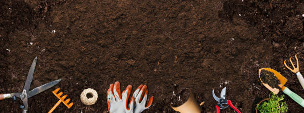 istock Gardening banner illustration with brown earth soil, garden tools and grass 1219912839