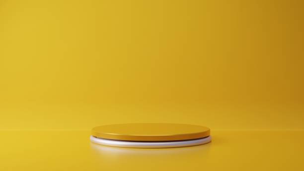 Yellow gold product stand on background. Abstract minimal geometry concept. Studio podium platform theme. Exhibition and business marketing presentation stage. 3D illustration rendering graphic design
