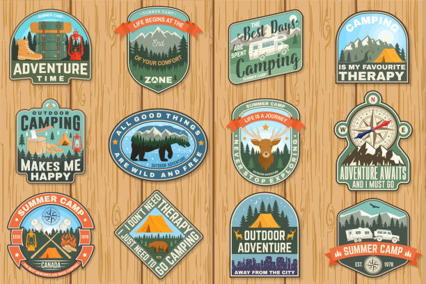 Photo of Outdoor adventure patch with quotes. Vector. Concept for shirt, logo, print, stamp or tee. Vintage typography design with hiking boots, elk, bear, tent, forest and mountain landscape silhouette