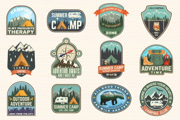 Photo of Outdoor adventure patch with quotes. Vector. Concept for shirt, logo, print, stamp or tee. Vintage typography design with hiking boots, elk, bear, tent, forest and mountain landscape silhouette