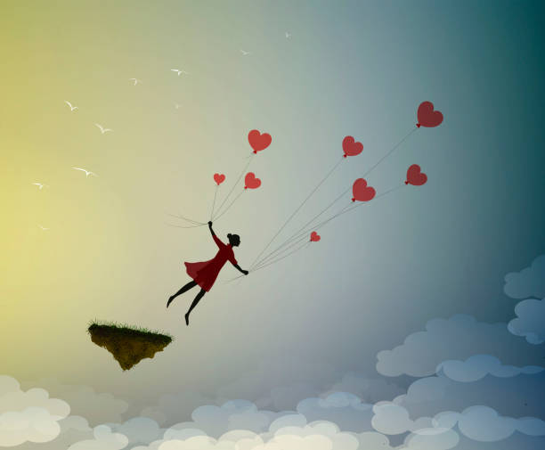 Fall in love concept, boy silhouette holds the red heart shaped balloons and flying away, dreamer concept, shadow story vector vector art illustration