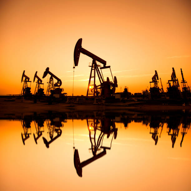 istock Oil pumps and rig at sunset 1219914411
