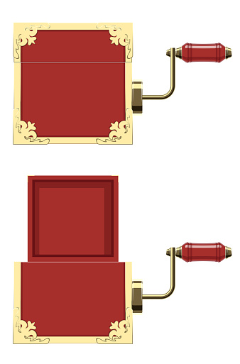 A vector illustration of an antique jack-in-the-box made of red wood and gold trimmings on a studio background