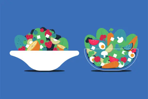 Vector illustration of Fruit and vegetable salad in bowl vector illustration.