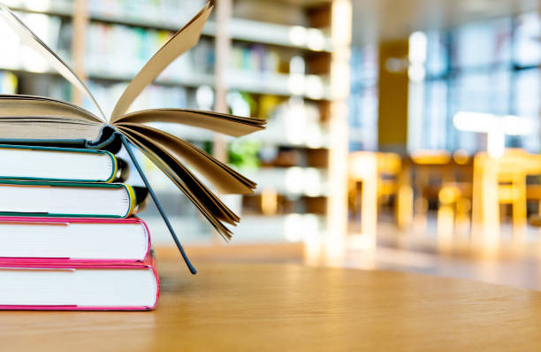 istock Stack of books on the table of public library 1219920987