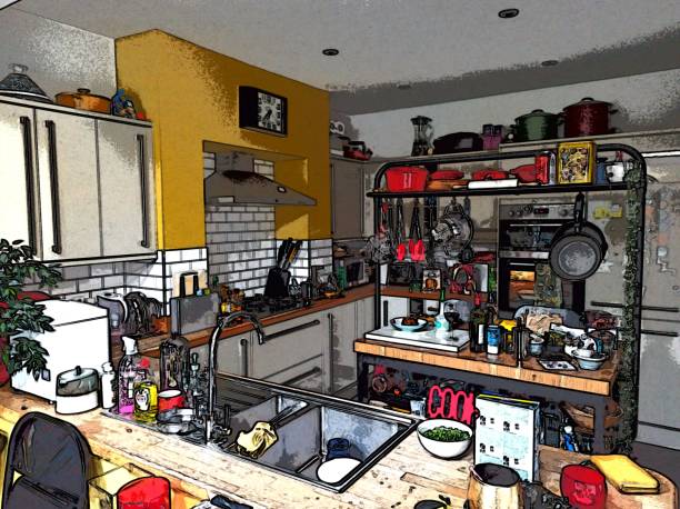 Busy modern kitchen in domestic home