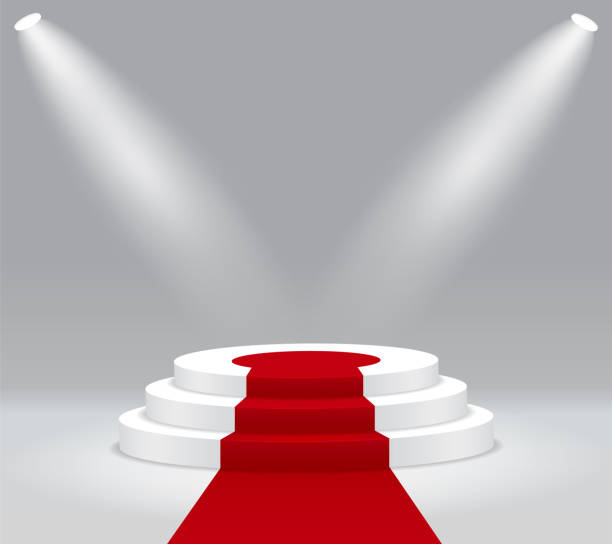 Red carpet on winner podium. Round stage with spotlight. Empty stair pedestal for award ceremony on isolated background. 3d illuminated platform for celebration of victory. Vector vip catwalk. Red carpet on winner podium. Round stage with spotlight. Empty stair pedestal for award ceremony on isolated background. 3d illuminated platform for celebration of victory. Vector vip catwalk runway condition stock illustrations