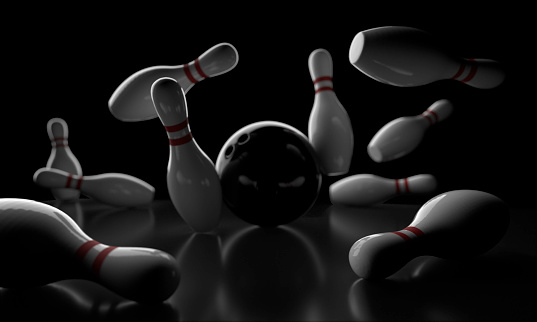 3D graphics of bowling ball and fallen skittles on the playing field (black background).