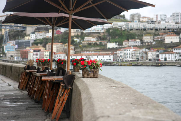 bar in the side of a river with table and red flowers