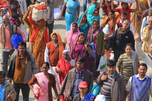 Allahabad, India - February 09,2013: Unidentified Hindu pilgrims gathered to participate in the Kumbh Mela in Allahabad, India. Kumbh Mela is the largest religious congregation in the world.