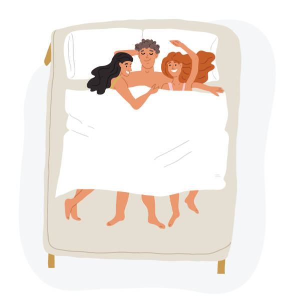 polygamy, bigamy - man with two women Vector illustration of the man sleeping with two women. Polygamy and bigamy - polygamous and bigamous three people are together - love relationship between one man and two women. Open marriage polygamy stock illustrations