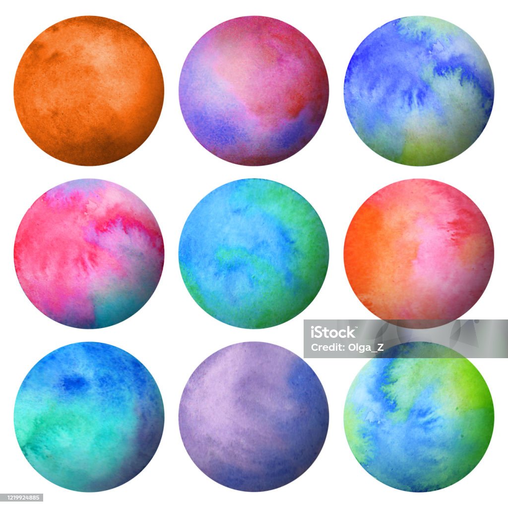 Set Of Watercolor Colored Bright Planets Isolated On White
