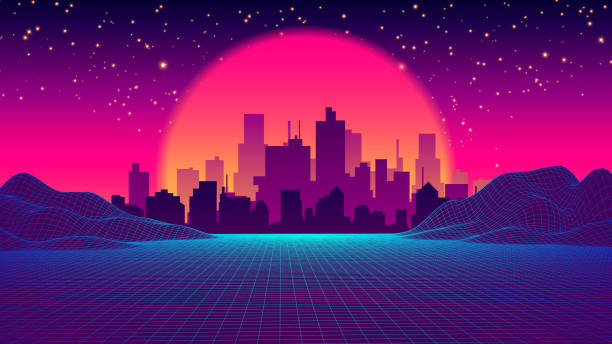 80年代のレトロな未来1980年代レトロ未来の背景スタイル。 - laser backgrounds technology city点のイラスト素材／クリップアート素材／マンガ素材／アイコン素��材