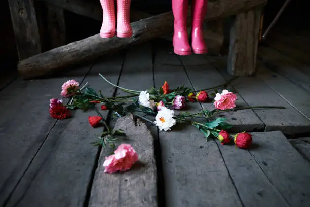 Two pairs of pink stylish rubberboots handing over wooden floor and group of fresh flowers inside old self built country house