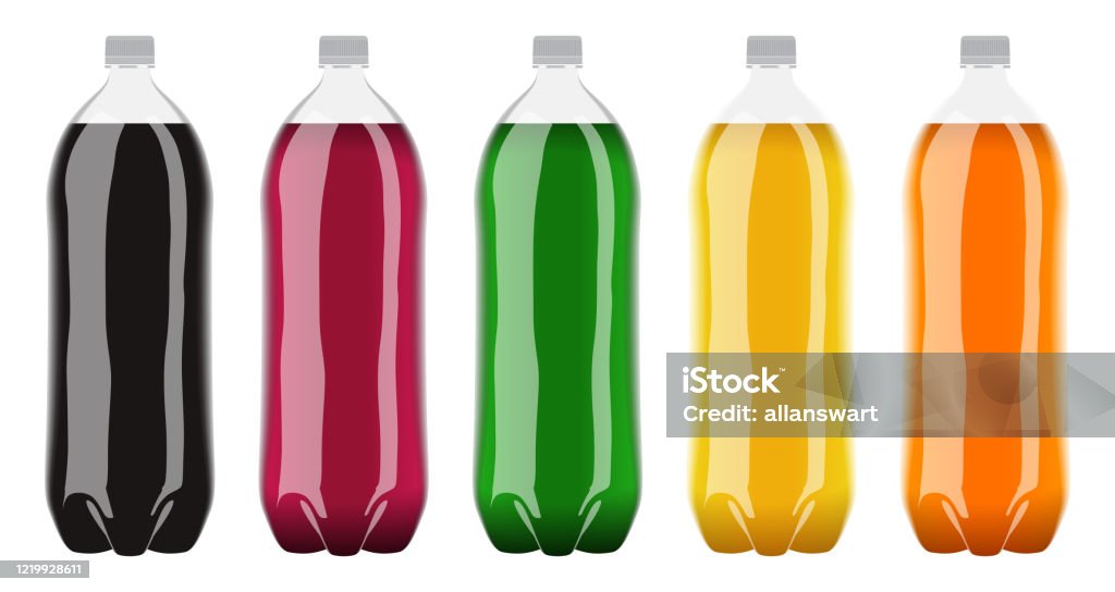 Carbonated Soft Drink Plastic Bottle A collection of various flavors of soda in plastic two liter bottles on an isolated white studio background Soda stock vector